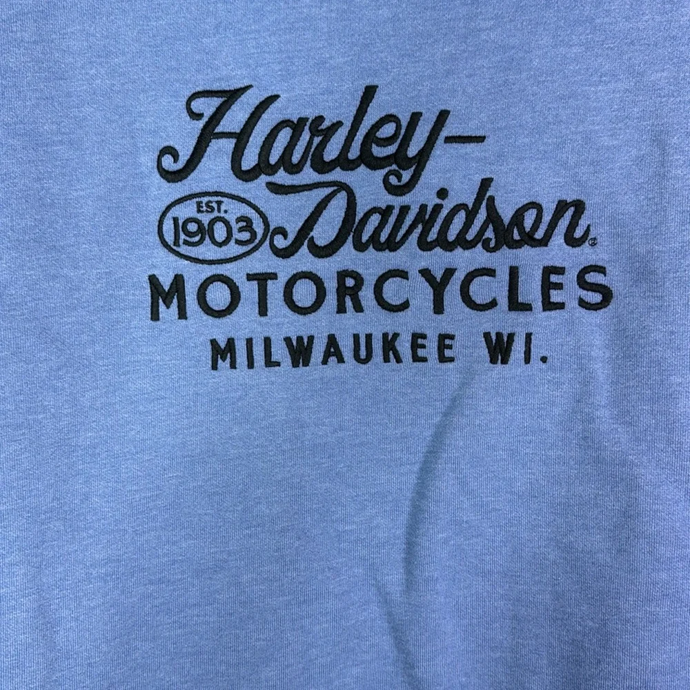 Harley Davidson Milwaukee, Wisconsin Blue Vneck Hooded Sweatshirt Size Medium - Picture 7 of 10